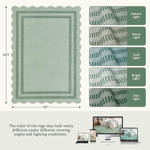 LORWER Washable 8x10 Rugs for Living Room Bedroom, Non-Slip Sage Green Indoor Carpet for Dining Room Office, Ultra Thin Scalloped Soft Carpets for Kids Nursery Playroom thumbnail 2