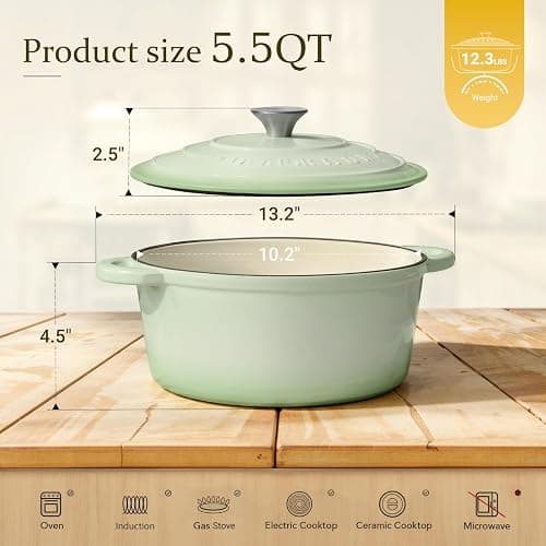 Overmont 5.5QT Enameled Cast Iron Dutch Oven with Lid, Heavy-Duty Pot for Family Meals, Whole Chicken, Braising, Roasting & Sourdough Baking, Cookbook & Cotton Handle Covers thumbnail 3