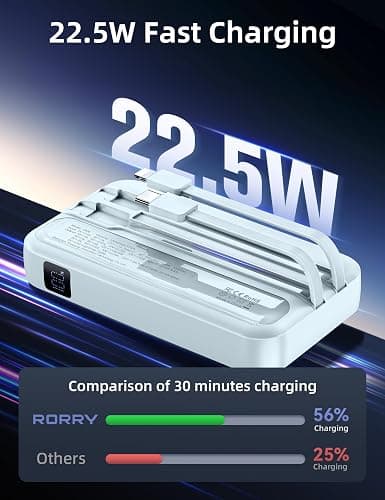 RORRY Portable Charger Built in Cables, AC Wall Plug in Portable Charger Power Bank 10000mAh Travel Battery Pack 22.5W Fast Charging for iPhone 17/16/15 Samsung Galaxy S24/S23/S22 Pixel LG iPad, Blue thumbnail 3