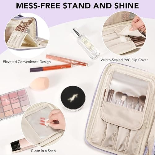 Travel Makeup Bag Women's Large Capacity Cosmetic Portable Organizer Large Opening Waterproof Storage Toiletry Bags Vertical Free-Standing Brush Holder for Easy Access Purple thumbnail 2