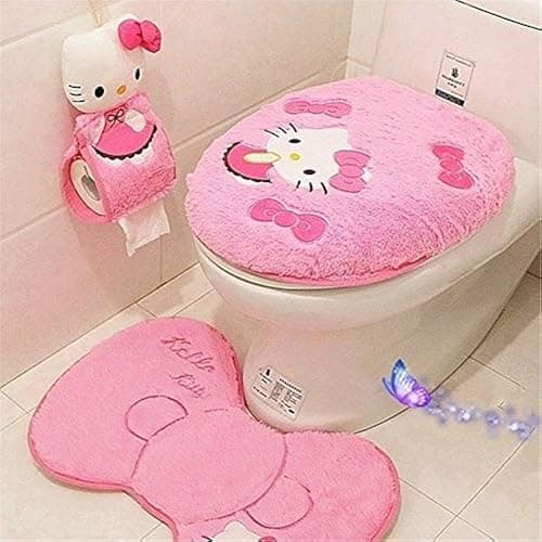 GVTTX Bath mat Cute Cartoon Pink 4 PCS Bathroom Set Toilet Cover WC Non Slip Bath Mat - Toilet Contour Rug Closestool Lid Cover, Seat Cushion,Tissue Box Set (Pink). - Image 1