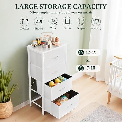 Nightstand, 4 Drawer Dresser End Table Bedside Furniture with Wooden Top Steel Frame Fabric Bins for Bedroom, Closet, Entryway, Dorm, Living Room, White thumbnail 5