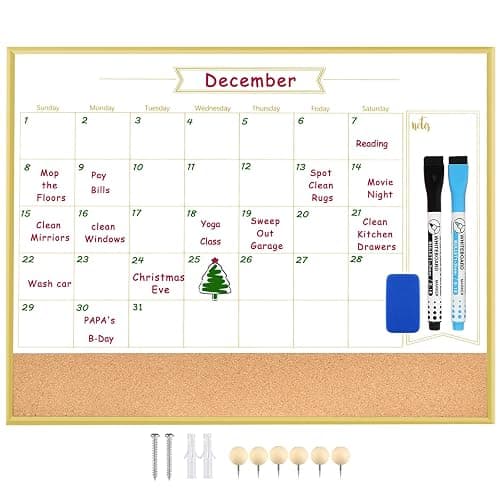 Whiteboard Calendar & Corkboard, 17" x 13" Dry Erase White Board & Bulletin Board, Gold Aluminum Frame Calendar/Cork Combo Board(ZHYL-Gold-3343-B+1) thumbnail 4