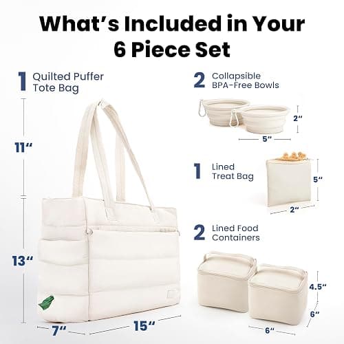 rubyloo Puffer Dog Travel Bag for Dog Moms – Doggy Diaper Bag with Pet Bowls & Food Storage or Everyday Puffy Tote – Doggy Mom Gifts for Women – Lightweight, Travel-Ready Gift for Pet Lovers – Beige thumbnail 3
