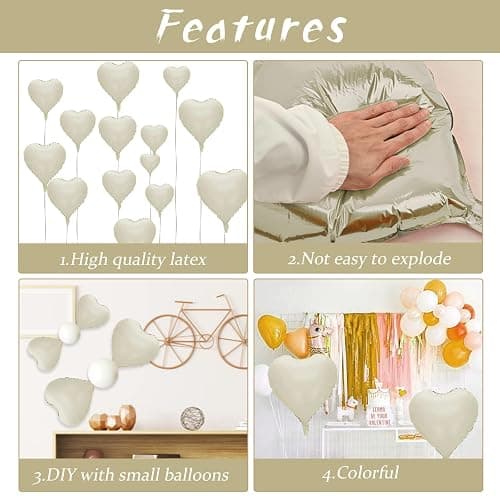 Cream Heart Balloons, 10PCS Cream White Foil Heart Shape Balloons, 18inch Beige Foil Valentine Balloons for Helium Nude Neutral Love Balloon for Valentines Day, White Wedding, Brithday Decorations thumbnail 4