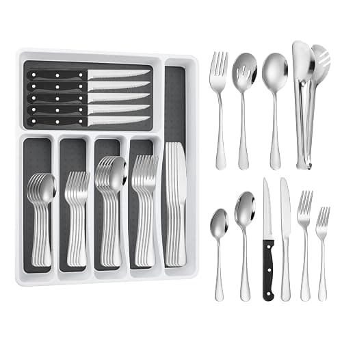 Silverware Set with Organizer, 53PCS Stainless Steel Flatware Set for 8 Steak Knives, Include Spoons and Forks Set & Serving Utensils, Mirror Polished Cutlery Set, Dishwasher Safe, Silver - Image 1