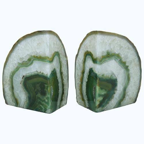 Nature's Decorations Agate Bookends - A Quality Green Geode with Non-Skid Rubber Bumpers for Shelves, Office, Home Decor, Heavy Duty Cute Stone (3-4 LB) - Image 1