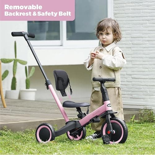 newyoo Toddler Tricycle,Toddler Bike,Birthday Gifts and Toys for 1-3 Year Old Boys and Girls, Trike with Push Handle, Backrest and Safety Belt, Balance Bike, TR007, Pink thumbnail 2