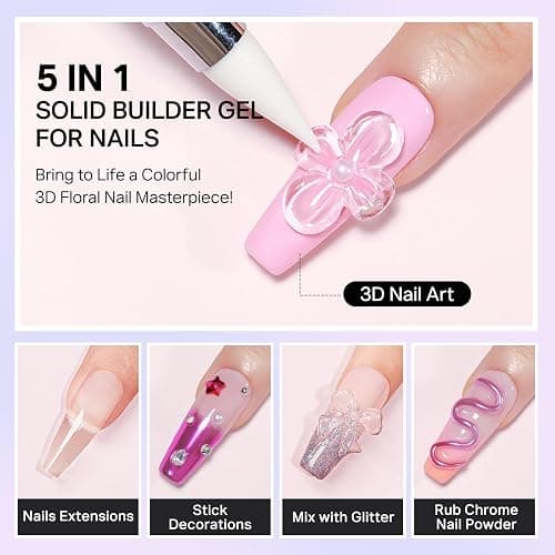 MIZHSE 3D Gel Nail Art Sculpting Gel, 60g Large Capacity Non-Sticky Clear Solid Builder Gels for Nails, Molding Hard Gels for Nail Art Charms, U V LED, with Gold Chrome Powder & Silicone Flower Mold thumbnail 3