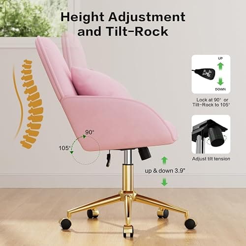 Pink Velvet Desk Chair with Pillow, Upholstered Home Office Desk Chair Makeup Vanity Chair with Swivel Wheels, Ergonomic Office Chair Computer Task Chair for Living Room, Bedroom thumbnail 5