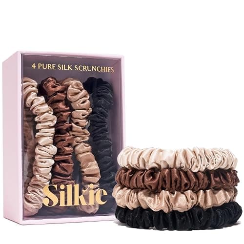 SILKIE x4 Set - Forget Satin - 100% Pure Mulberry Silk Black Brown Skinny Scrunchies Travel Pouch Everyday Hair Ties Elastics Hair Care Ponytail Holder No Damage (Chocolate) - Image 1