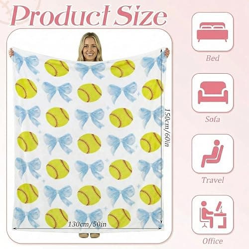 HunnmingRe Softball Blanket 50''x60'', Coquette Blue Bow White Soft Throw Blanket Softball Gifts for Girls Women Team Players Coach Unique Gifts for Sports Lovers thumbnail 2