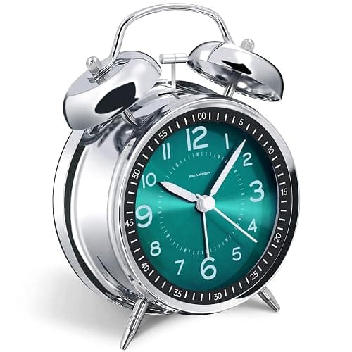 Peakeep Loud Alarm Clock for Heavy Sleepers Adults, Metal 4.5" Twin Bell Battery Operated Alarm Clocks for Bedrooms Decoration (Peacock Green) - Image 1