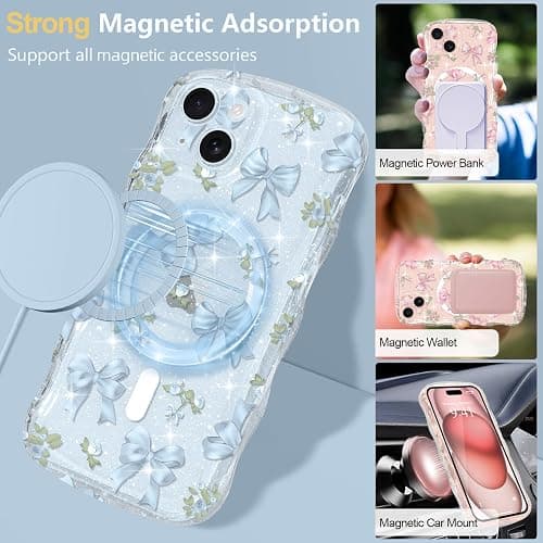 Urarssa Magnetic Case for iPhone 15, Glitter Cute Curly Wavy Frame Aesthetic Ribbon Bow Pattern Clear Case for Women Girls, Transparent Slim TPU Bumper Shockproof Protective Cover, Blue Bows thumbnail 3
