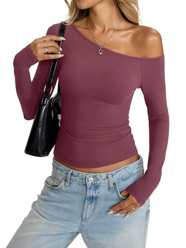 Eachyes Womens Off Shoulder Tops Tight Long Sleeve Shirts Sexy Top Y2K Slim Fit Going Out Fall Fashion Clothes 2026 thumbnail 3