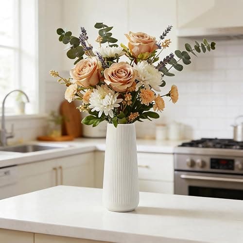 Ceramic Vase for Flower, Pampas Grass Vase, 7.8''H Ribbed Decor Vase, White | Nordic Minimalist Flower Vase, White Modern Home Office Decor Vases, For Living Room, Dining Table, Bedroom, Kitchen Shelf thumbnail 8