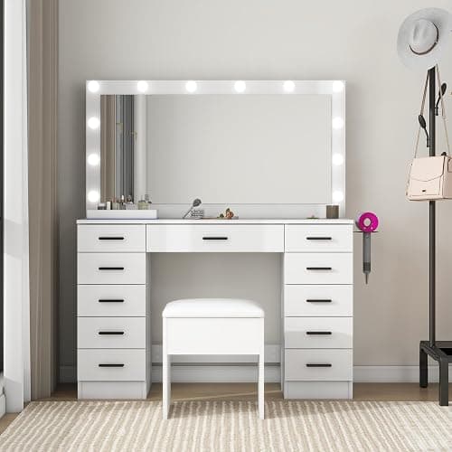 Panana Makeup Table Set with 11 Drawers, Vanity Desk with Large Mirror and Lights, Dressing Table with Storage Cushioned Stool, Power Outlet, 3 Lighting Modes for Bedroom Dressing Room (White) thumbnail 2