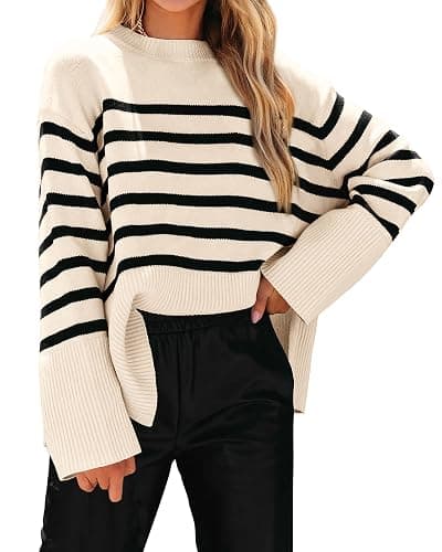 KIRUNDO Women's Striped Knit Oversized Fall Sweaters 2025 Trendy Clothes Crewneck Winter Pullover Sweater Side Split - Image 1