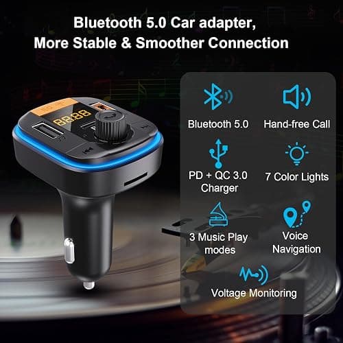 Bluetooth FM Transmitter for Car - BAISHUN Bluetooth 5.0 Adapter PD20W+QC3.0 Cigarette Lighter Radio Receiver Music Player Car Charger Supports Hands-Free Call Siri Google Assistant thumbnail 2
