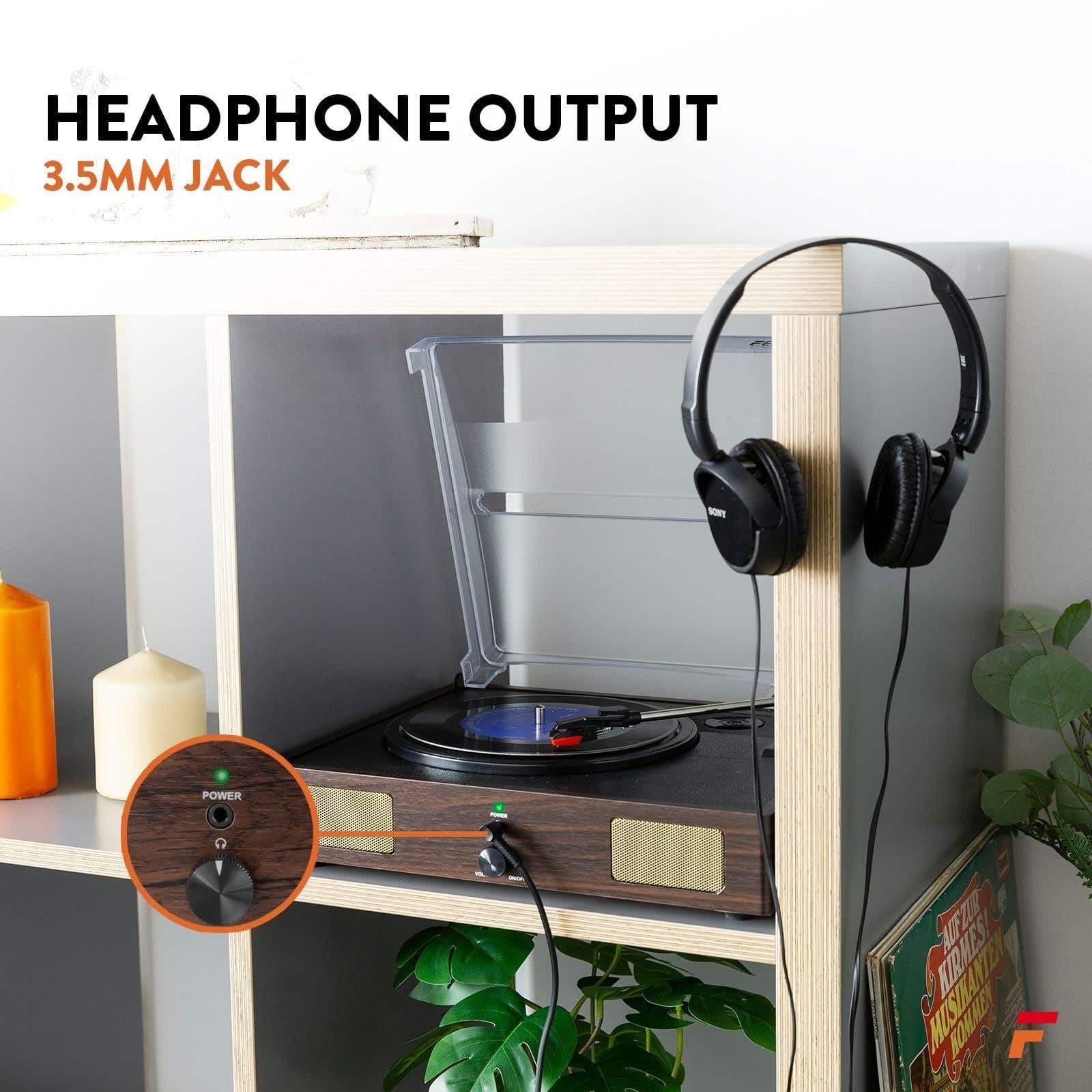 Fenton RP106DW Record Player with Built-in Speakers, Vinyl to MP3 USB Conversion, Ceramic Cartridge, 33, 45 RPM, Dark Wood thumbnail 4