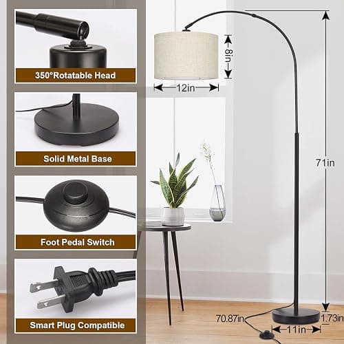 Arc Floor Lamps for Living Room, Modern Standing Lamp with Adjustable Hanging Drum Shade, Tall Pole Lamp with Foot Switch, Over Couch Arched Reading Light for Bedroom, Office (Black) thumbnail 2