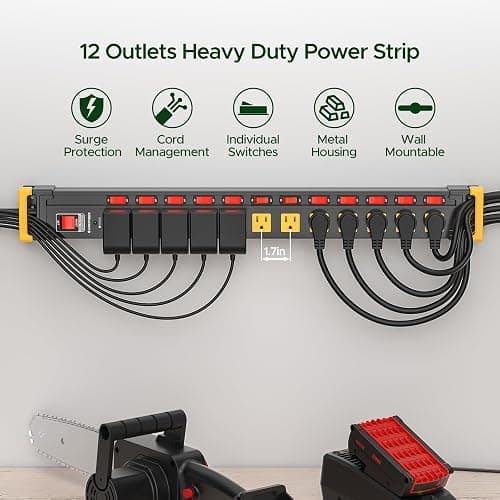 12 Outlet Long Heavy Duty Power Strip with Individual Switches,3300J Surge Protector Metal Power Strip,Wide Spaced,6Ft Cord Managment for School,Garage,Office,Workbench,ETL Listed(15A/1875W) thumbnail 5