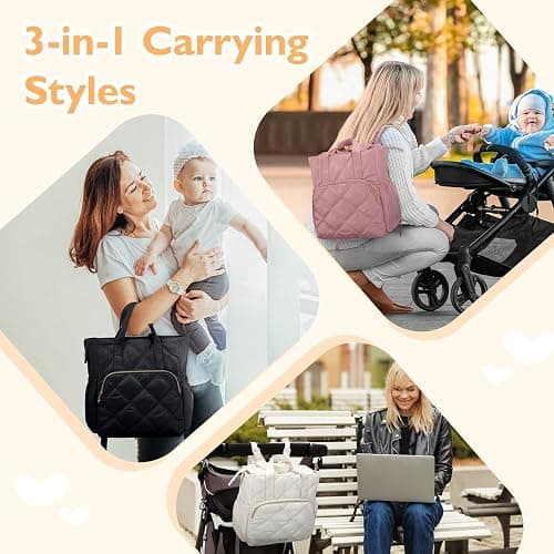 mommore Quilted Diaper Bag Backpack, Small Baby Bags, Lightweight Mini Diaper Backpack for Travel, with Insulated Pockets, Changing Pad (Pink) thumbnail 3