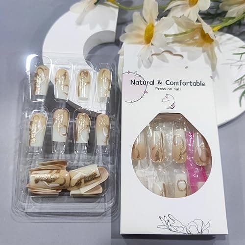 24Pcs White Curve Line Press on Nails Yellow Gradient Medium Square Fake Nails Glossy Gold Glitter Stick on Nail Acrylic Full Cover False Nail Ombre Gel Glue on Fingernails for Holiday Manicure Art thumbnail 5