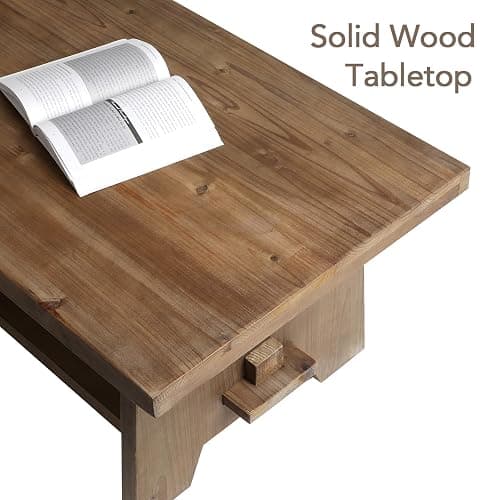 Farmhouse Wood Coffee Table - 43.4” Mid Century Modern Wooden Coffee Tables for Living Room, Solid Firwood Tabletop Rectangle Coffee Table, Center Table for Living Room, Brown - Brown thumbnail 4