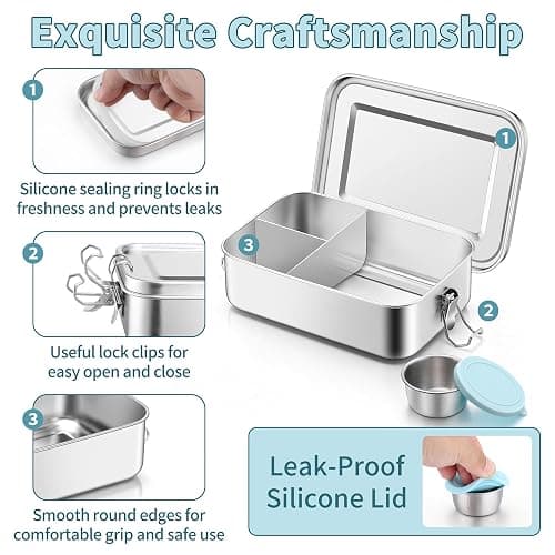 TeamFar Stainless Steel Bento Box, 47oz/1400ml Metal Lunch Box with Condiment Container for Adults/Kids, 3 Compartment Food Storage Container for School/Work, Leak-Proof & Dishwasher Safe, Blue thumbnail 3