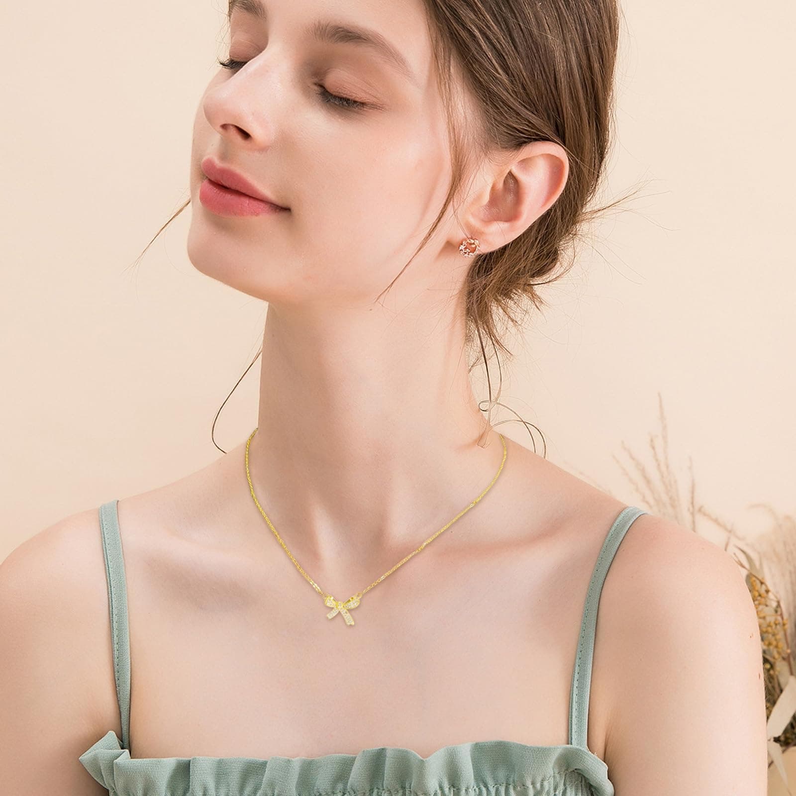 TESTRYE 18K Gold Bow Necklace,Dainty Bow Pendent Choker Necklace Bowknot Bow Tie Necklace for Women Girls thumbnail 2