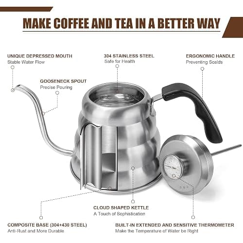 Gooseneck Kettle for Manual Drip Coffee & Tea 40oz Stainless Steel Pour Over Coffee Kettle with Thermometer Tea Kettle for Stovetop,1200ml,6 Cup,Silver,1Pack thumbnail 4
