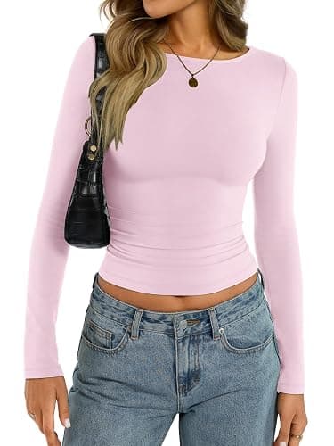 EasyGala Womens Cotton Boat Neck Long Sleeve Shirts Basic Going Out Stretchy Slim Fit Y2k Crop Tops - Image 1
