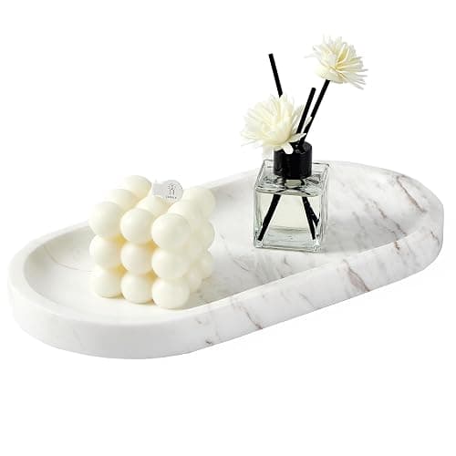 Denique Natural Marble Bathroom Tray, 12"x6" Vanity Tray White Marble Decorative Tray, Countertop Organizer for Perfume & Candles, Jewelry Dish Ring Holder for Bathroom Counter, Vanity, Dresser thumbnail 7