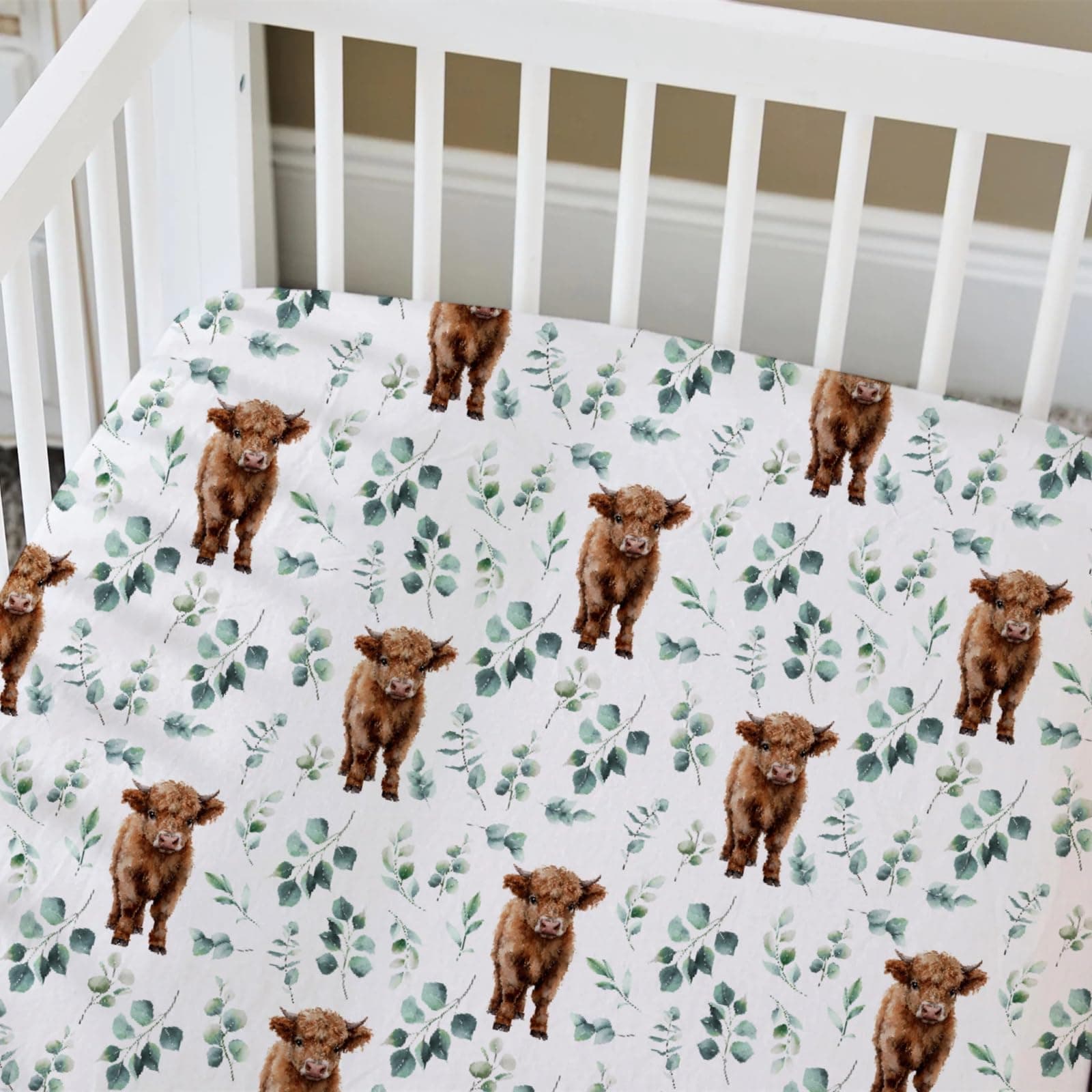 HawSkgFub Highland Cow Eucalyptus Leaf Fitted Standard Crib Sheet for Baby Boy Girl, Neutral Western Farm Animal Yak Toddler Mattress Cover, Soft Stretchy Nursery Bed Sheets Decor Kids Gift 52" x 28" thumbnail 5