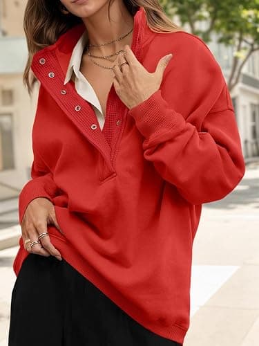 Fisoew Womens Oversized Sweatshirt Casual Snap Stand Collar Long Sleeve Pullover Tops Fall Travel Outfits thumbnail 2