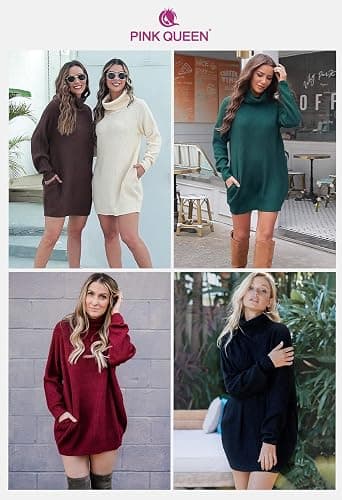 Pink Queen Women's Loose Turtleneck Oversize Long Pullover Sweater Dress thumbnail 7