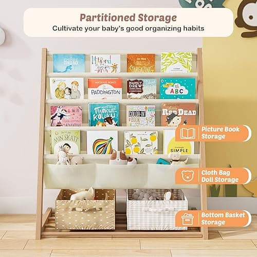 Kids Bookcase, Kids Bookshelf 4 Sling Book Rack and 3 Toys Organizer Shelves Sided Book Display with Storage Classroom Bookshelf 4 Tier Beige thumbnail 6