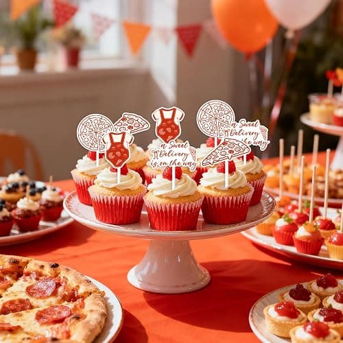 JOYMEMO 24PCS Red Pizza Baby Shower Cupcake Toppers | A Sweet Delivery Is On The Way Cake Decor for Pizza Baby Shower Decorations thumbnail 2