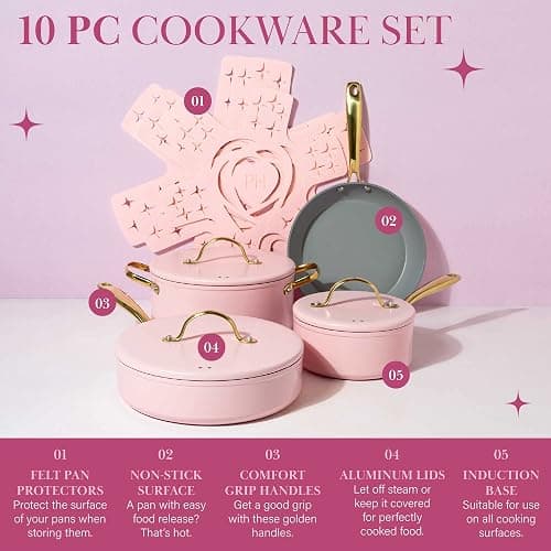Paris Hilton Iconic Nonstick Pots and Pans Set, Multi-layer Nonstick Coating, Matching Lids With Gold Handles, Made without PFOA, Dishwasher Safe Cookware Set, 10-Piece, Pink thumbnail 3