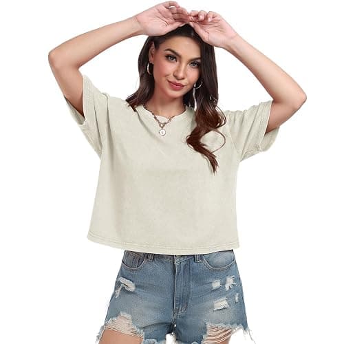 Womens Crop Tops Acid Wash Short Sleeve T-Shirts Casual Round Neck Basic Tees Baggy Summer Shirts thumbnail 2