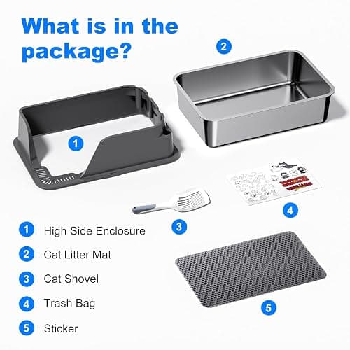 Stainless Steel Cat Litter Box with Lid, XL for Big Cats, High Sided | Metal Litter Pan, Anti Leakage, Odor-Free & Easy Cleaning, Included Scoop &Trash Bag*2 & Mat & Sticker, Grey thumbnail 8