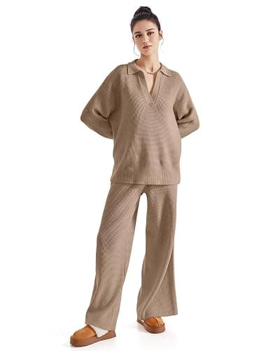 SUUKSESS Women 2 piece Fall outfits Long Sleeve Oversized Matching Lounge Set Waffle Knit Polo Sweater sets (Khaki,M) thumbnail 2