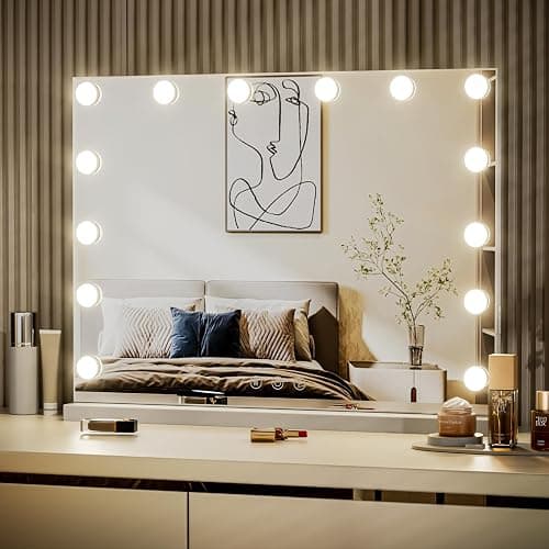 LIANWANG Hollywood Schminkspiegel mit Beleuchtung, Tischspiegel mit 14 LED Licht Dimmbar, 3 Farbtemperatur, Wandspiegel mit Touchscreen, Touch Control für Tochter, 50x42cm - Image 1