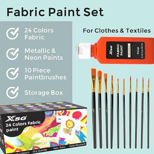 24 Colors Fabric Paint For Clothes Permanent, Soft Fabric Paint in Bottles with 10 Brushes ，Stencils& Palette,Non-Toxic Textile Paint for Shoes，Jeans ，Bags& DlY Projects(60ml/2oz) thumbnail 6