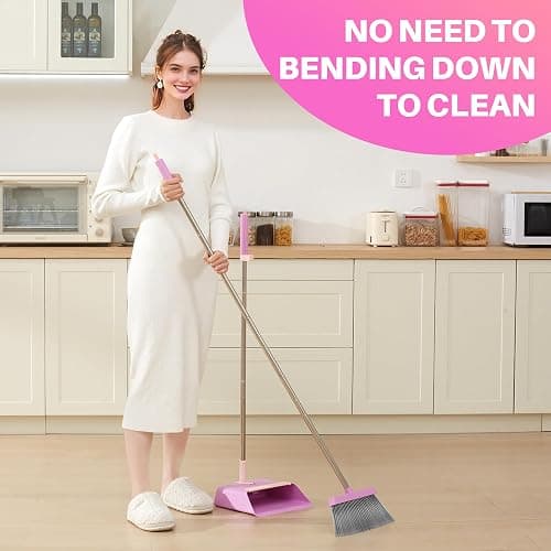 JOYMOOP Pink Broom with Dustpan Combo Set, Upright Stand Up Broom with Built-in Comb Teeth, Angle Broom for Home Kitchen Office Lobby, Pet Hair and Hardwood Floor Sweeping thumbnail 3