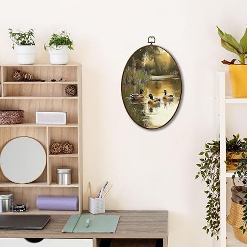 JQF Vintage Mallard Duck Oval Wall Decor, Rustic Farmhouse Oval Canvas Wall Art, Cottagecore Country Duck in Pond Framed Prints Hanging Decor for Home Bedroom Living Room, 8.5x11.5 Inch thumbnail 2