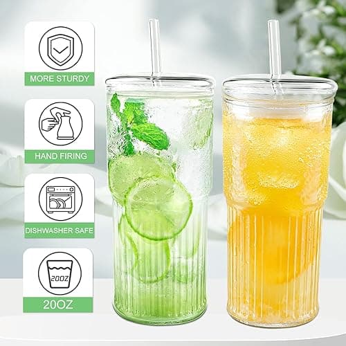 Luiaiog Glass Cups with Lids and Glass Straws, High Borosilicate 20OZ Tumblers (2Pcs) for Coffee, Tea, Juice, Smoothies, Hot/Cold Drinks at Home, Office - Clear 20oz thumbnail 3
