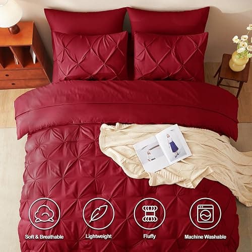 CozyLux King Size Comforter Set Dark Red, 7 Pieces Pintuck Bed in A Bag Red Comforter King Size, Pinch Pleat Bedding Set with All Season Comforter, Sheets, Pillowcases & Shams thumbnail 2