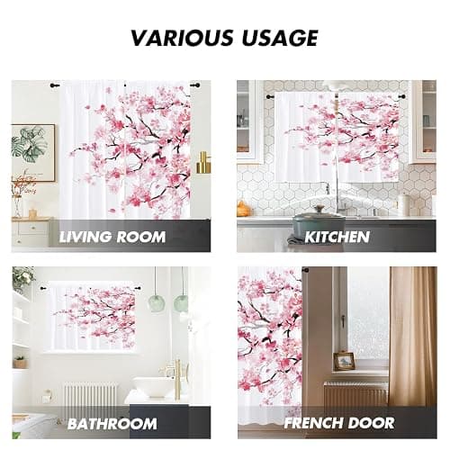 Kikiry Long Pink Floral Curtains, Japanese, 42" W x 84" L, Rod Pocket | 2 Panels, Sakura Pattern, Elegant Cherry Blossom Art, Cute Girly Aesthetic, Extra Tall Window Drapes Decor thumbnail 4